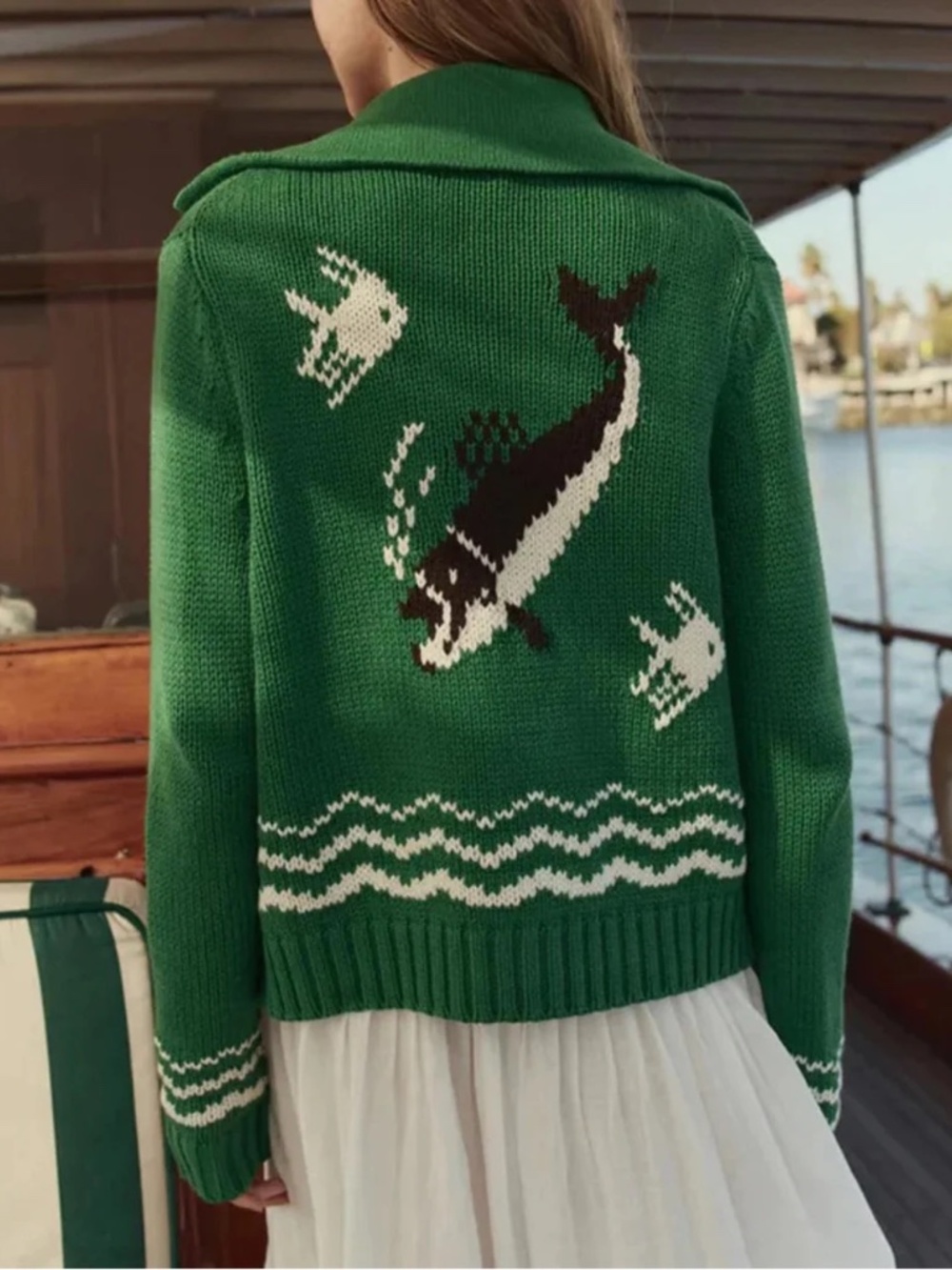 THE GREAT. THE BASS CARDIGAN Green Knit 100% Cotton - Size 1 - Picture 6 of 8